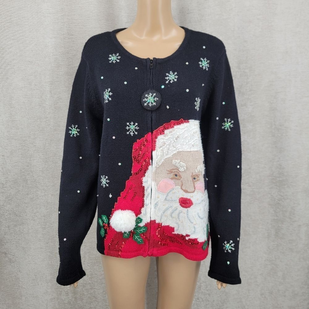 Festive Santa Women's Full Zipper Ugly Christmas Sweater Jacket Cardigan Large